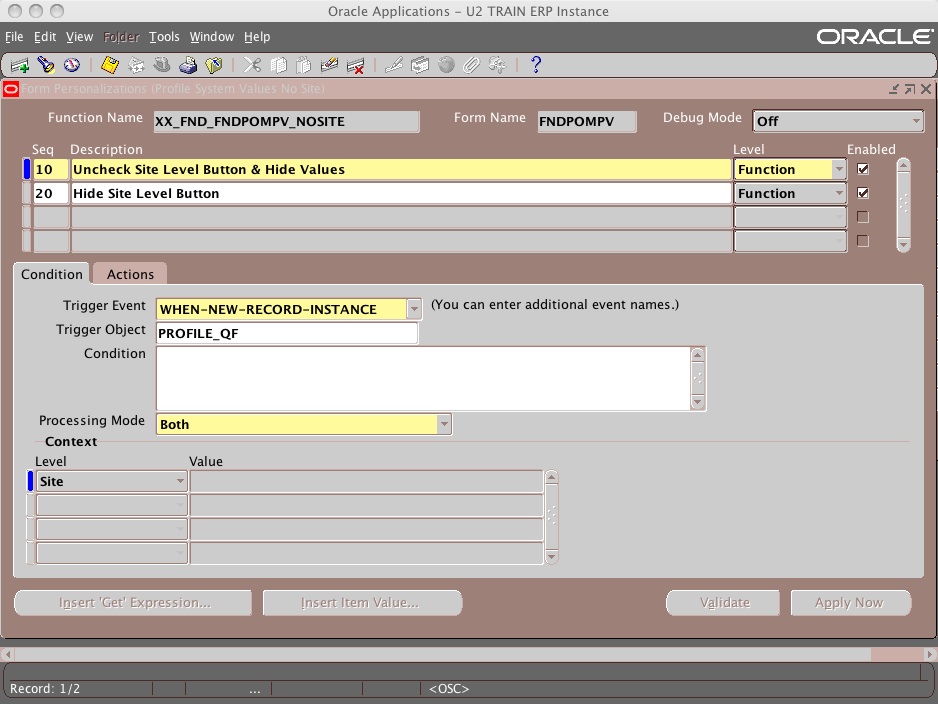 Snapshot 2009 01 16 15 21 43 Form Personalization: Limit Site Level Profile Options Access on the form FNDPOMPV